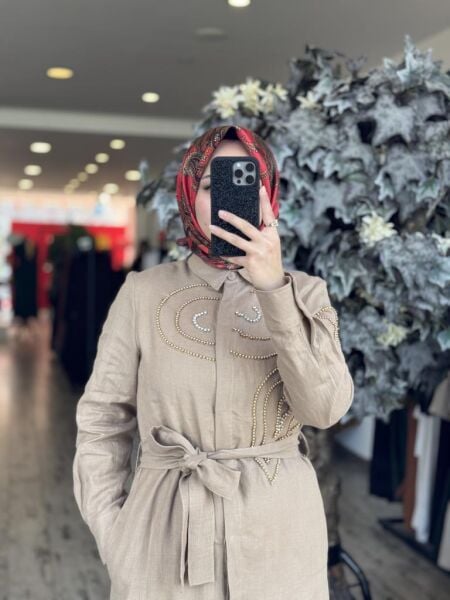 Qupra Boncuk İşlemeli Keten Elbise WAB85008