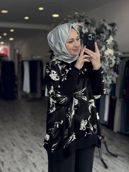 Ghisa Saten Ribanalı Yarasa Kol Tunik 4016 SİYAH-BEJ - 2