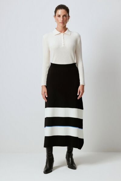 Touche Beli Lastikli Çizgili Triko Etek 23F1XD107