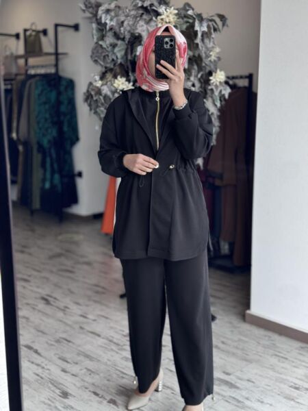 Ghisa Belden Büzgülü Kapüşonlu Ceket Pantolon Takım 4789 SİYAH - 1