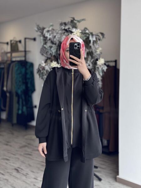 Ghisa Belden Büzgülü Kapüşonlu Ceket Pantolon Takım 4789 SİYAH - 1