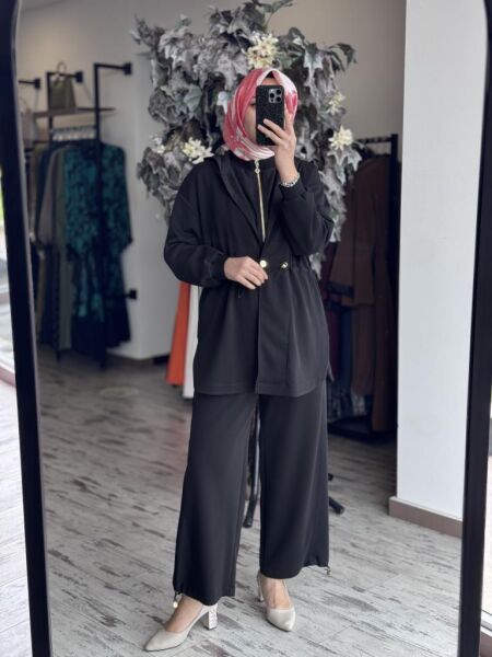 Ghisa Belden Büzgülü Kapüşonlu Ceket Pantolon Takım 4789 SİYAH - 1