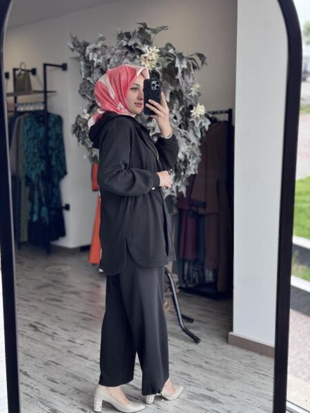 Ghisa Belden Büzgülü Kapüşonlu Ceket Pantolon Takım 4789 SİYAH - 1