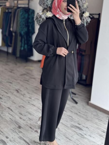 Ghisa Belden Büzgülü Kapüşonlu Ceket Pantolon Takım 4789 SİYAH - 2