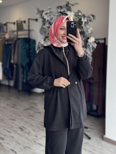 Ghisa Belden Büzgülü Kapüşonlu Ceket Pantolon Takım 4789 SİYAH - 2