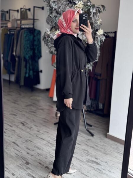 Ghisa Belden Büzgülü Kapüşonlu Ceket Pantolon Takım 4789 SİYAH - 2