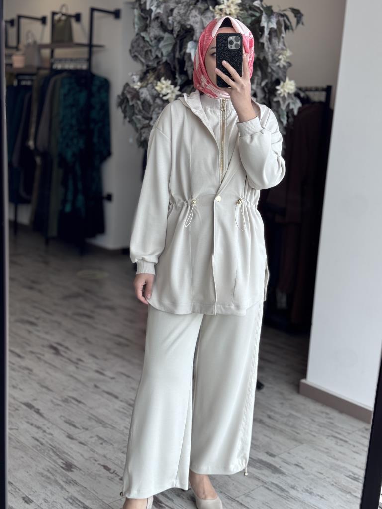 Ghisa Belden Büzgülü Kapüşonlu Ceket Pantolon Takım 4789 TAŞ - 1
