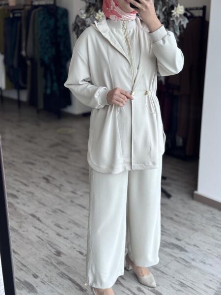 Ghisa Belden Büzgülü Kapüşonlu Ceket Pantolon Takım 4789 TAŞ - 2