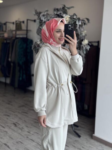 Ghisa Belden Büzgülü Kapüşonlu Ceket Pantolon Takım 4789 TAŞ - 2