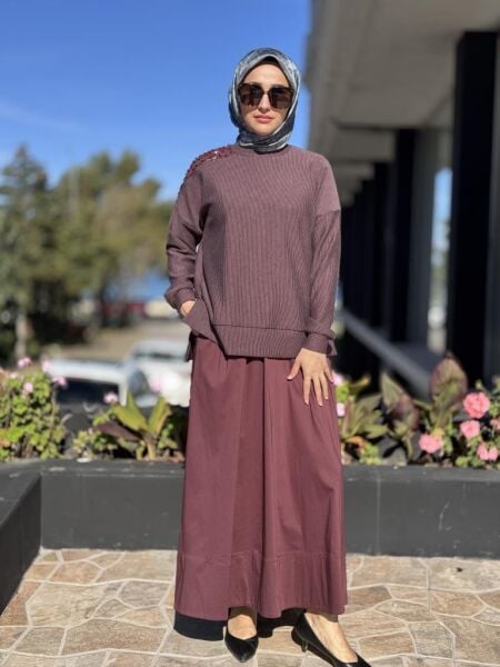 Almarwah Omuzu Taşlı Çizgili Viscon Bluz Poplin Etek Takım 202908