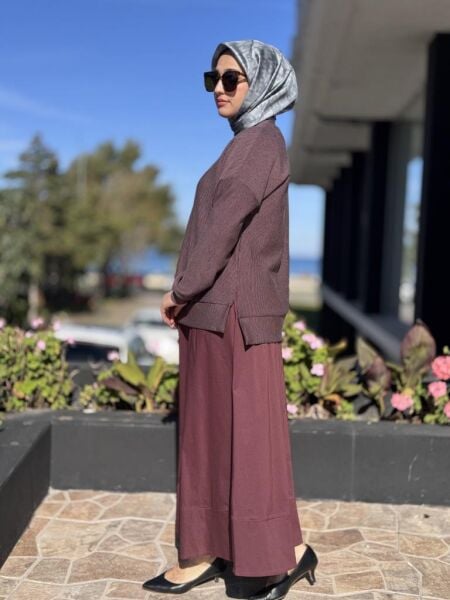 Almarwah Omuzu Taşlı Çizgili Viscon Bluz Poplin Etek Takım 202908