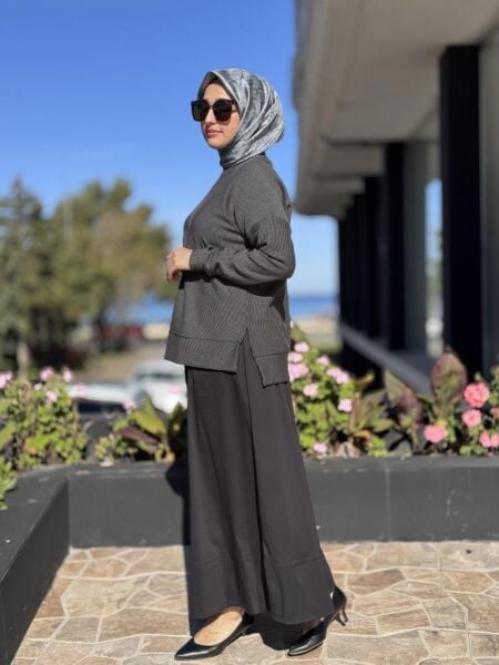 Almarwah Omuzu Taşlı Çizgili Viscon Bluz Poplin Etek Takım 202908