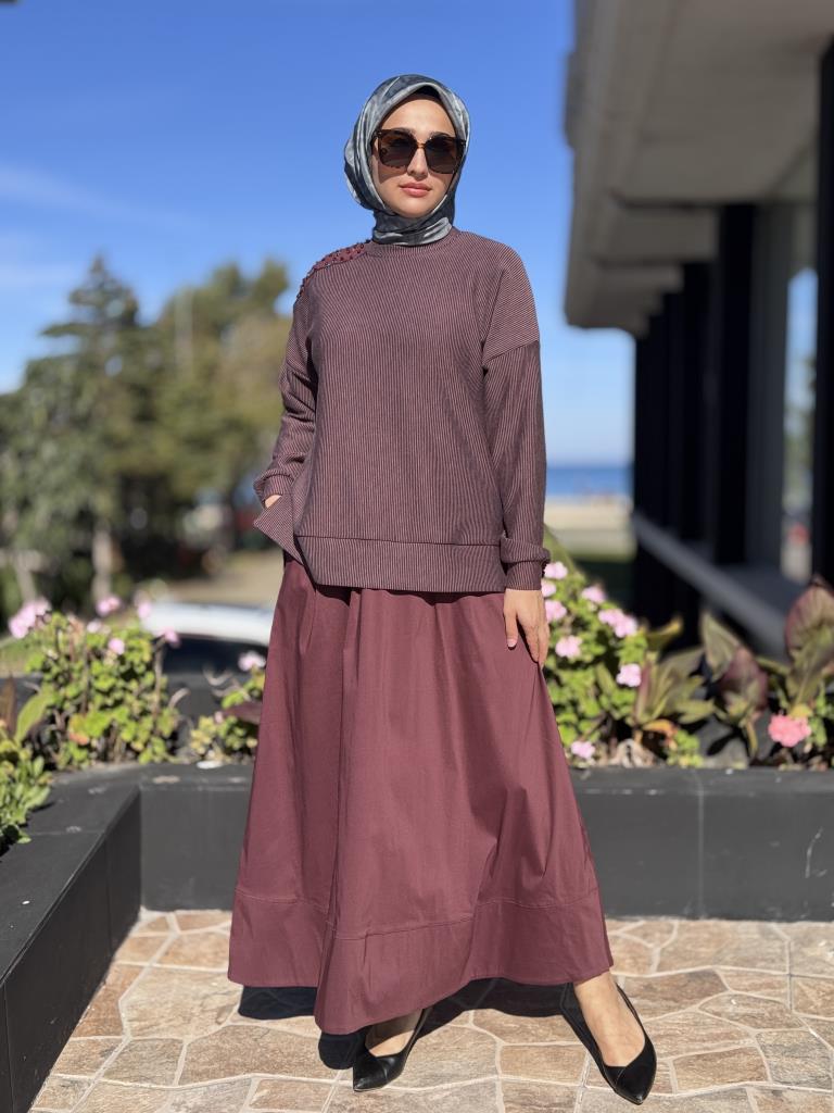 Almarwah Omuzu Taşlı Çizgili Viscon Bluz Poplin Etek Takım 202908