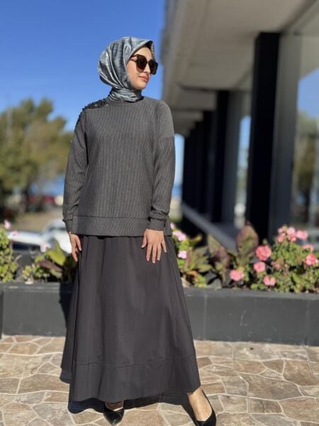 Almarwah Omuzu Taşlı Çizgili Viscon Bluz Poplin Etek Takım 202908