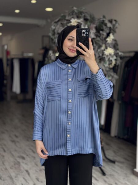 Ghisa Çizgili Saten Gömlek G4871 MAVİ - 1