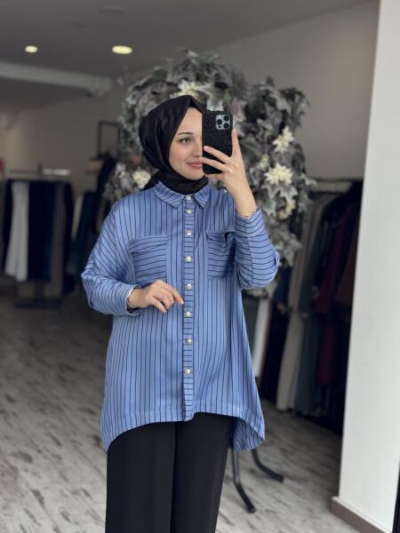 Ghisa Çizgili Saten Gömlek G4871 MAVİ - 1