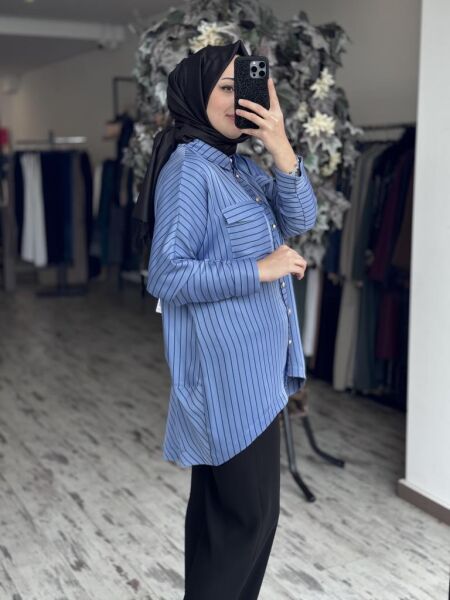 Ghisa Çizgili Saten Gömlek G4871 MAVİ - 1