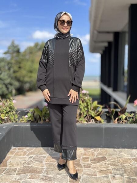 Ghisa Deri ve Payet Detaylı Tunik Pantolon Takım G4147