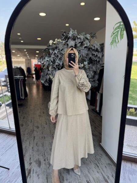 Kahma Kolları Gül Detaylı Pamuk Keten Bluz Etek Takım