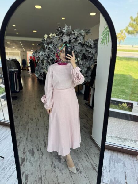 Kahma Kolları Gül Detaylı Pamuk Keten Bluz Etek Takım