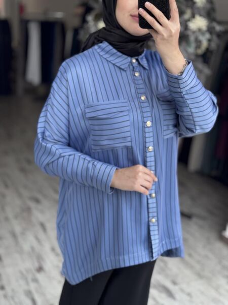 Ghisa Çizgili Saten Gömlek G4871 MAVİ - 2