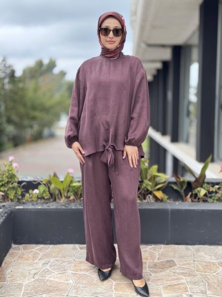 Ghisa Önü Bağlama Detaylı İpek Tunik Pantolon Takım G4131