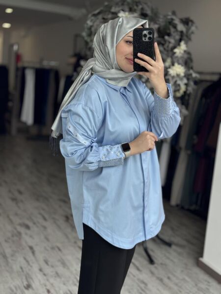 Ghisa Kolları Kuşgözü Detaylı Poplin Gömlek G4849 MAVİ - 1