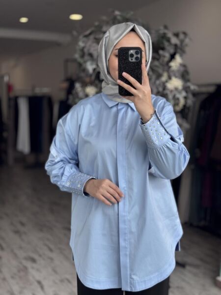 Ghisa Kolları Kuşgözü Detaylı Poplin Gömlek G4849 MAVİ - 2