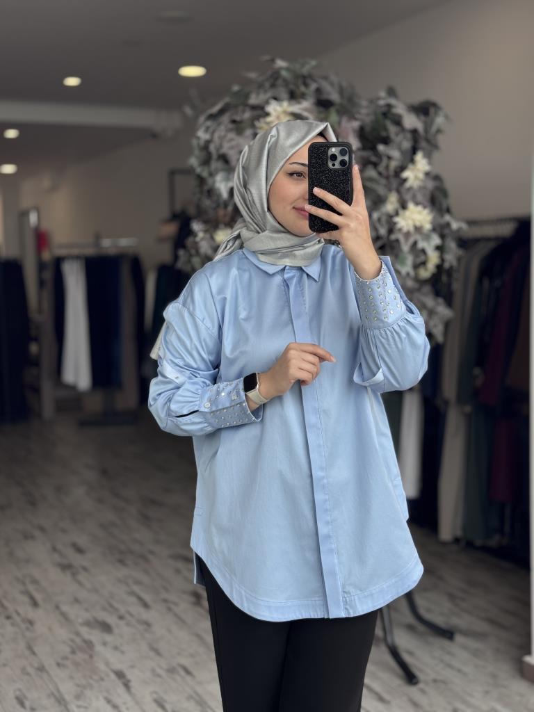 Ghisa Kolları Kuşgözü Detaylı Poplin Gömlek G4849 MAVİ - 2