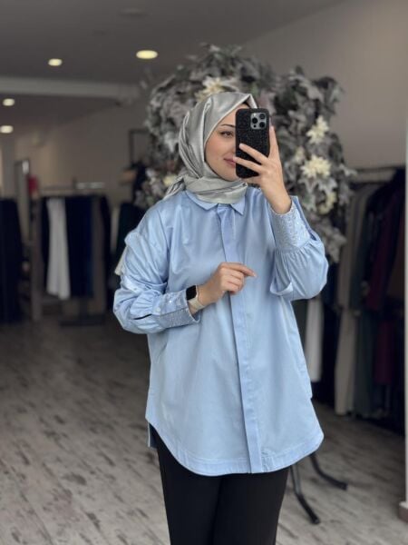 Ghisa Kolları Kuşgözü Detaylı Poplin Gömlek G4849 MAVİ - 2