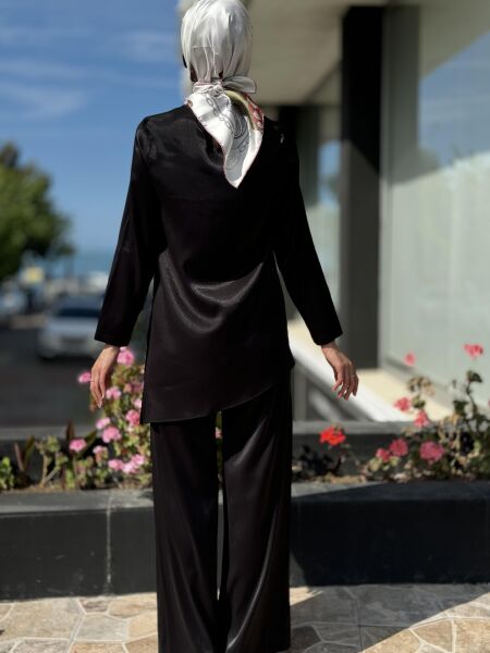 Kahma Asimetrik Simli Tunik  Beli Lastikli Cepli Pantolon Takım