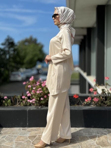 Kahma Asimetrik Simli Tunik  Beli Lastikli Cepli Pantolon Takım