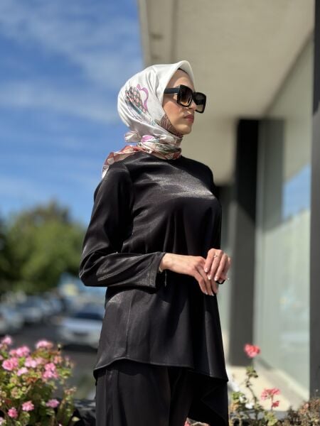 Kahma Asimetrik Simli Tunik  Beli Lastikli Cepli Pantolon Takım