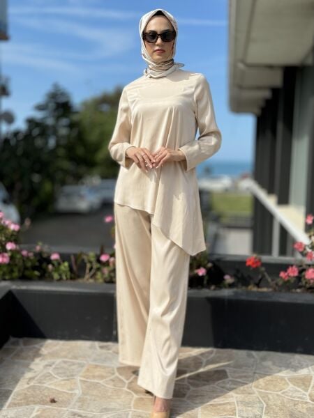 Kahma Asimetrik Simli Tunik  Beli Lastikli Cepli Pantolon Takım