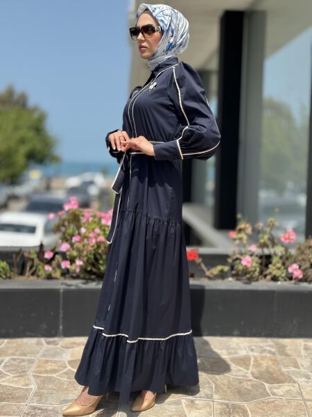 Qupra Düğmeli Kuşaklı Astarlı Poplin Elbise QAY65007 1 - LACİVERT-BEJ