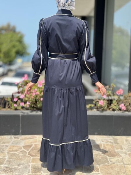 Qupra Düğmeli Kuşaklı Astarlı Poplin Elbise QAY65007 2 - LACİVERT-BEJ