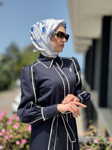 Qupra Düğmeli Kuşaklı Astarlı Poplin Elbise QAY65007 3 - LACİVERT-BEJ