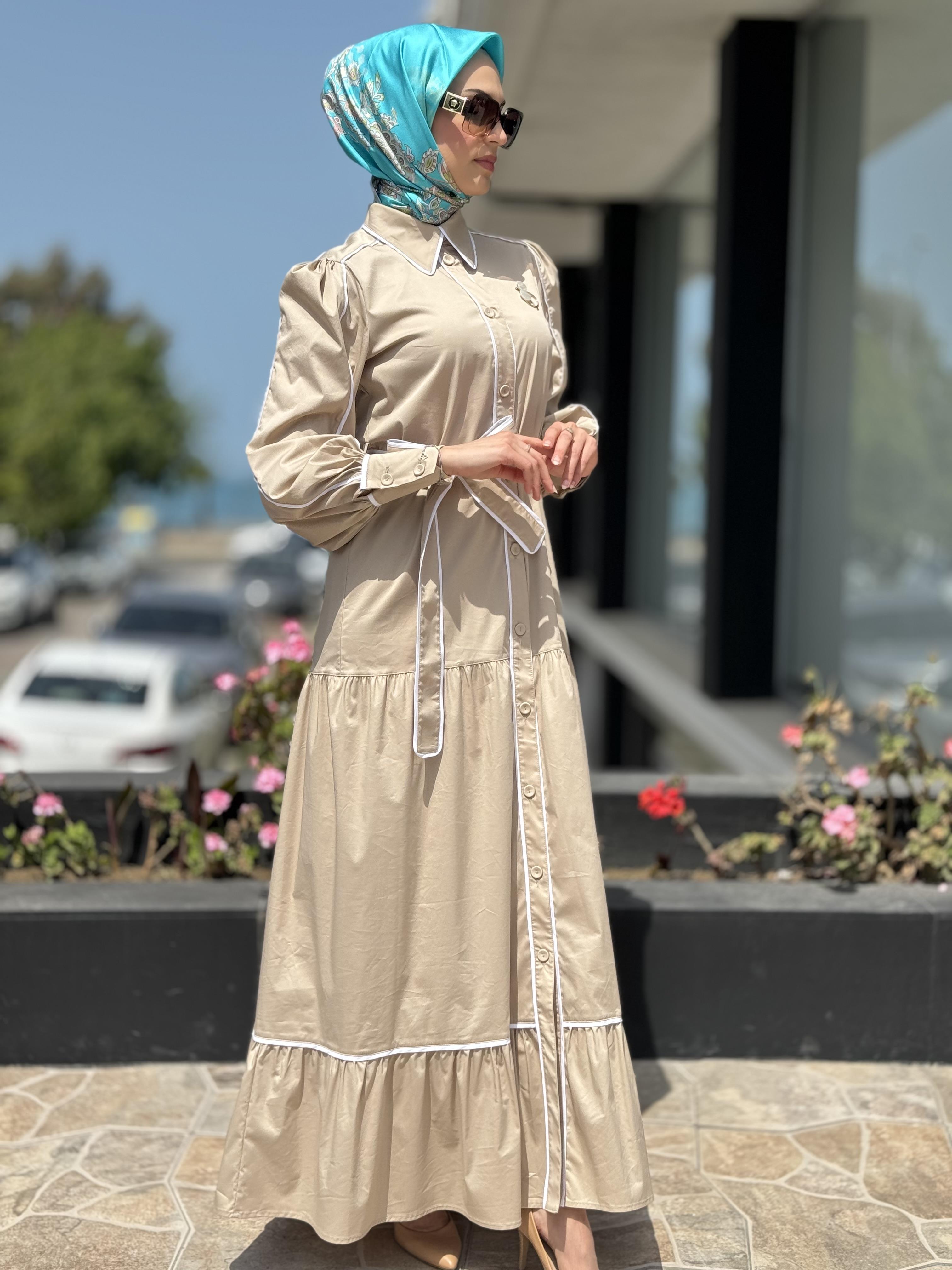 Qupra Düğmeli Kuşaklı Astarlı Poplin Elbise QAY65007 1 - BEJ-EKRU