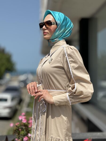 Qupra Düğmeli Kuşaklı Astarlı Poplin Elbise QAY65007 1 - BEJ-EKRU