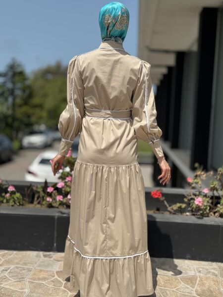 Qupra Düğmeli Kuşaklı Astarlı Poplin Elbise QAY65007 2 - BEJ-EKRU