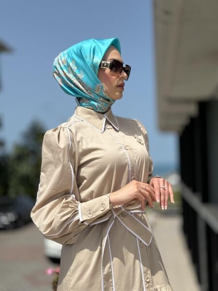 Qupra Düğmeli Kuşaklı Astarlı Poplin Elbise QAY65007 2 - BEJ-EKRU