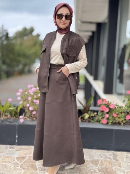 Tığ Triko Süet Yelek Kloş Etek Takım TKM5013