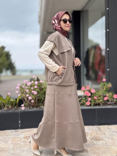 Tığ Triko Süet Yelek Kloş Etek Takım TKM5013