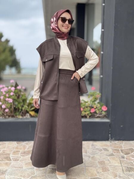 Tığ Triko Süet Yelek Kloş Etek Takım TKM5013