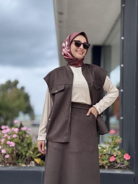 Tığ Triko Süet Yelek Kloş Etek Takım TKM5013