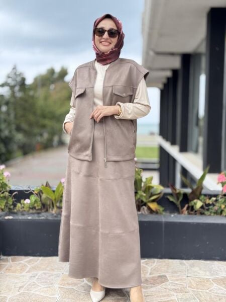 Tığ Triko Süet Yelek Kloş Etek Takım TKM5013