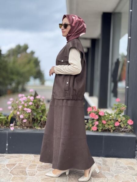 Tığ Triko Süet Yelek Kloş Etek Takım TKM5013