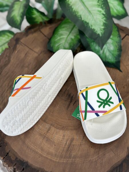 Benetton Renkli Logolu Yumuşak Taban Terlik  BN1372 BEYAZ - 39