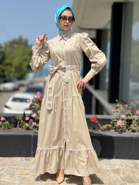 Qupra Düğmeli Kuşaklı Astarlı Poplin Elbise QAY65007 3 - BEJ-EKRU