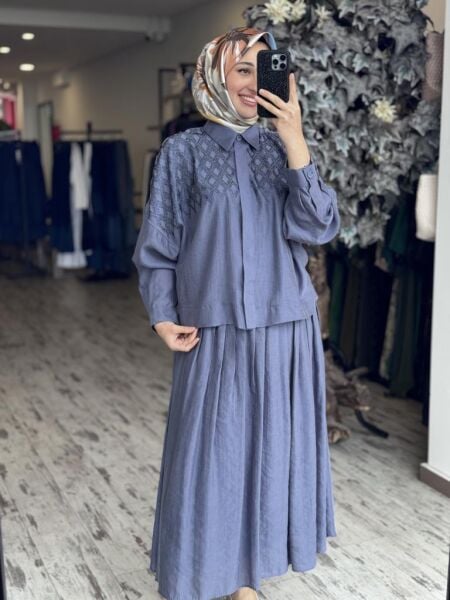 Qupra Taş Baskılı Bluz Basen Pileli Etek Takım WAB82042